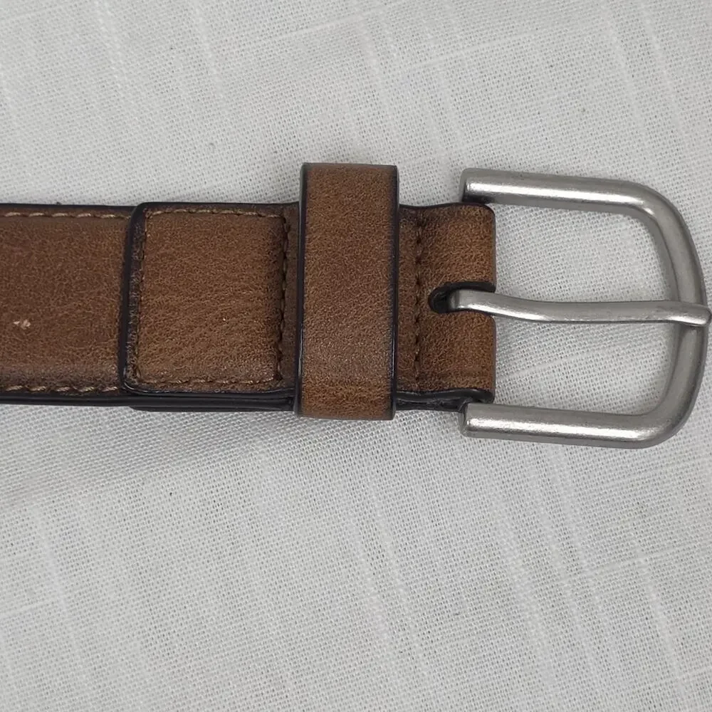 Brown Faux Leather Belt Silver Tone Buckle Men's Med Casual